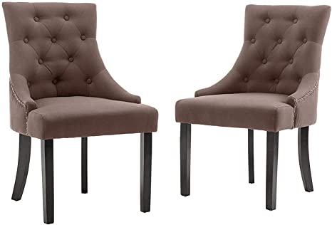 Mecor Fabric Dining Chairs Set of 2,Leisure Padded Chair with Armrest,Black Solid Wooden Legs,Brown