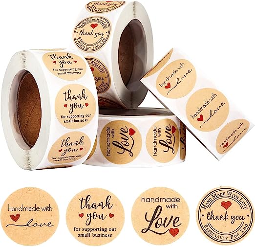 2000 Pieces Handmade with Love Stickers Roll Thank You Label Stickers Label Kraft Round Adhesive Stickers 4 Rolls, 500 Labels Per Roll for Present Bags Wedding Thanksgiving, 1 Inch