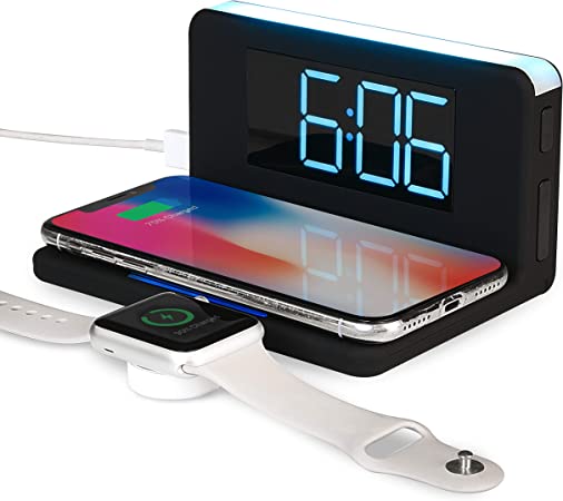 RCA Wireless Charger Alarm Clock - 10 Watt, Qi Charging with 4 in LCD Display, Dimmable Nightlight and Additional USB Charging Port