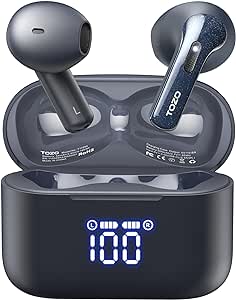 TOZO T21 Wireless Earbuds Bluetooth Headphones Semi in Ear with LED Digital Display, Dual Mic Call Noise Cancelling with Wireless Charging Case IPX8 Waterproof for Phone Laptop Blue