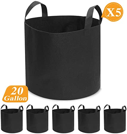 KINGSO 5Pcs Grow Bags 5Gallon Plant Grow Bags, Heavy Duty Thickened Nonwoven Plant Fabric Pots with Handles for Patio, Terrace, Courtyard, Garden (5Pack 20Gallon)