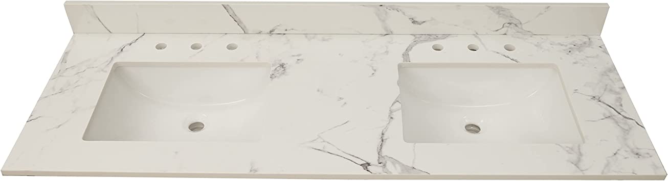 MSI Calacatta Nowy Vanity Top with Under Mount Rectangle Double Bowl Ceramic Sinks, Engineered Marble Stone, 4" CC Faucet Holes, 61"X22"