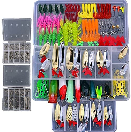 Bluenet 228 Pcs Professional Fishing Lures Tackle Kit Including Bionic Bass Trout Salmon Pike Fishing Lure Frog Lures Minnow Popper Pencil Crank Soft Hard Bait Fishing Lure Metal Spoon Jig Lure