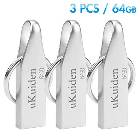 uKuiden 3 Pcs USB 2.0 Flash Drive 64GB Metal with Key Ring - Silver