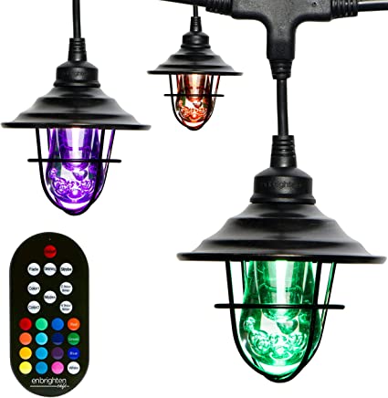 Enbrighten Seasons LED Warm White & Color Changing Café String Lights with Oil-Rubbed Bronze Lens Shade, Black, 48ft, 24 Impact Resistant Lifetime Bulbs, Wireless, Weatherproof, Indoor/Outdoor, 43385