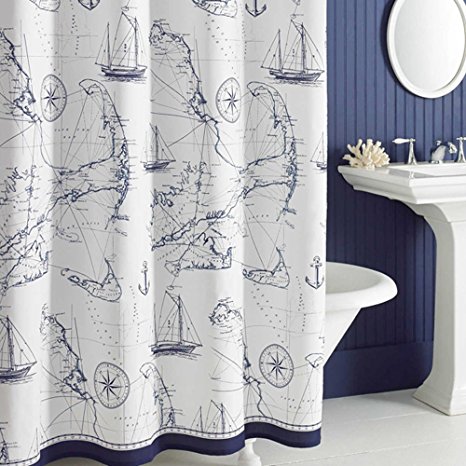 Uphome Shabby Cape Island Map Bathroom Shower Curtain - Navy and White Nautical Style Pattern Polyester Fabric Kids Decorative Curtain Ideas (72"W x 72"H)