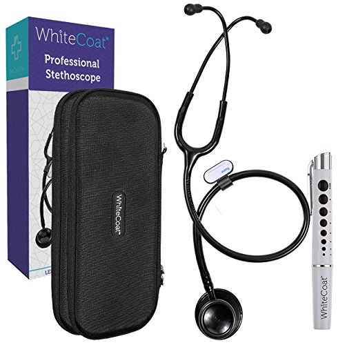 White Coat Dual Head Stethoscope, Lightweight and Acoustical with Protective Case – Jet Black plus LED Pen Light Pupil Gauge