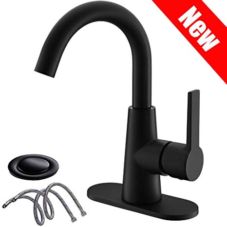 Phiestina Mattet Black Single-Handle 4 Inch Bathroom Sink Faucet With Deck Plate And Supply Hoses, Bar Sink Faucet/Pre-Kitchen Sink Faucet With 360¡ã Rotation Spout, WE10E-MB