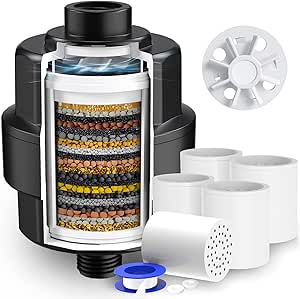 20-Stage Shower Head Filter-Shower Head Filter for Hard Water, with 5 Replaceable Filter Cartridges, High Output Shower Water Filter for Removing Chlorine and fluoride, Black