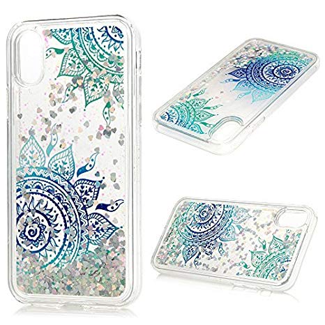 iPhone XS Case (2018), Liquid Glitter Sparkle Girls Women Luxury Fashion Bling Flowing Liquid Floating Quicksand Cute Clear TPU Shockproof Protective Cover Skin Shell for iPhone X, Blue Mandala