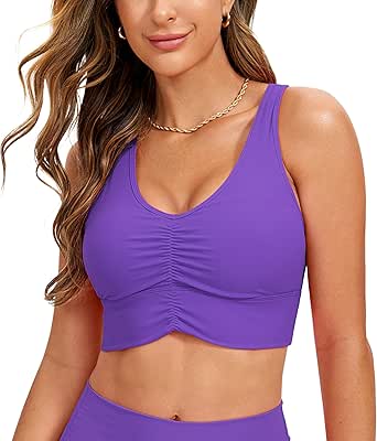 CRZ YOGA Womens Ulti-Dry Ruched V-Neck Longline Sports Bra - Racerback Padded Low Cut Yoga Bra Crop Tank Top