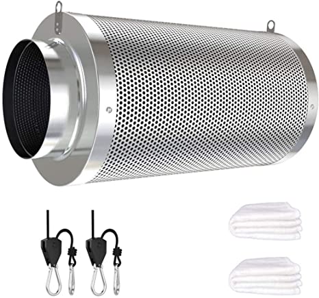 Vanleno 4inch Carbon Filter Odor Control with Australia Virgin Charcoal Two Prefilter 1 Pair Rope Ratchet Included for Inline Duct Fan, Grow Tent, Hydroponics, Odor Scrubber