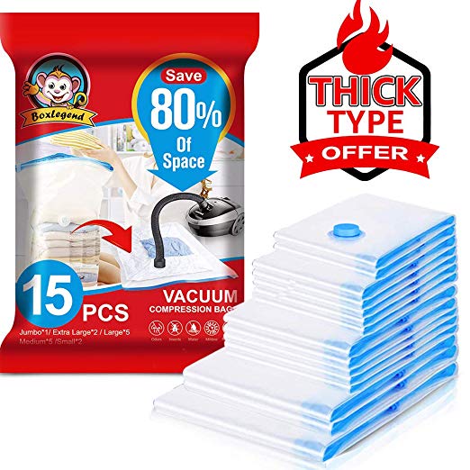 BoxLegend Vacuum Storage Bags Space Saving Bags 15pcs Thicker Type 100 Microns 1XXL   2XL  5L   5M   2S Double Zip Seal & Leak Valve Reusable for Clothes Comforters Bedding Pillow