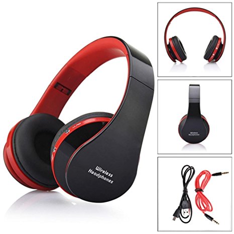 Foldable Wireless Headphone,Ounice Foldable Adjustable Over-head Wireless Bluetooth Stereo Headset Handsfree Headphones Earbuds with Mic USB Rechargeable,10 Hours Playtime (Red)