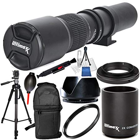 500mm F/8.0 Multi Coated High-Power Preset Telephoto Lens (for Canon) 10PC Accessory Bundle – Includes 2.0X Tele-Converter   T-Mount Adapter   More