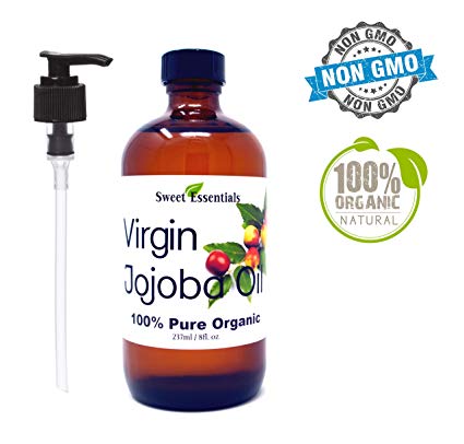 100% Organic Jojoba Oil | Imported From Argentina | Various Sizes | Virgin/Unrefined | Golden | Cold Pressed | 100% Pure | Natural Moisturizer for Skin, Hair and Face (8 fl oz Glass Bottle With Pump)