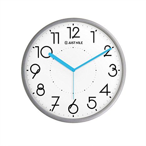 JustNile Silent Non Ticking Modern Wall Clock - 13" Silver Frame/Blue Hands