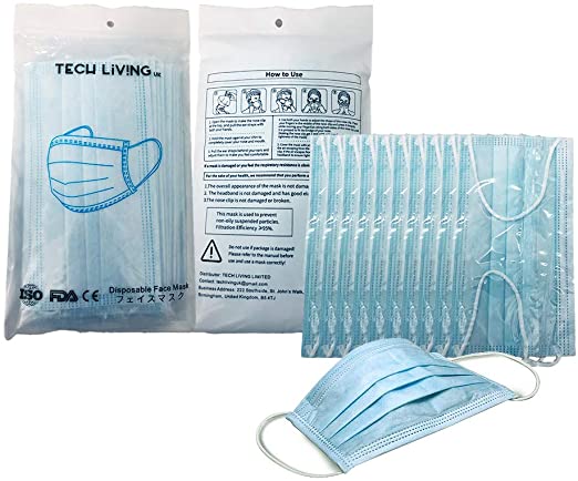 tech LIVING 10 Surgical Medical Mask with Single Sealed Bag,3Ply Face Masks; UK Company, Imported from China ; Must See Pic 2&3; Only Buy from"Sold by Tech Living"; Arrive Between 8 to 15 Days