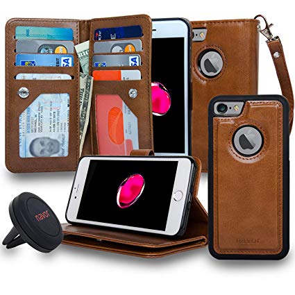 navor Magnetic Detachable Wallet Case and Universal Car Mount, RFID Protection, 8 Card Pockets, 3 Money Pockets Compatible for iPhone 7 & 8-4.7 Inch [JOOT-3L]- Brown (IP73LBR)