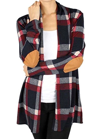 Annflat Women's Plaid Print Long Sleeve Elbow Patch Draped Open Front Cardigan Sweater