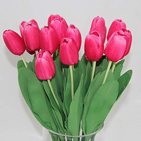 10pcs Classic Artificial Flowers, Silk Flowers, Hot Pink Tulips for Wedding Bridesmaid Bridal Bouquet Home Decoration (Pink)