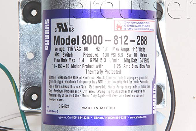 Shurflo 8000-812-288 On Demand Diaphragm Water Pump For Agriculture Spraying and Fluid Transfer, 115VAC, 1.4GPM, 100PSI, Chemical-Resistant Materials, Viton Valve, Self-Priming, Can Run Dry