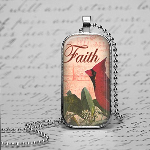 Faith Inspirational Word, Red Cardinal Silver Bezel Glass Tile Pendant Necklace