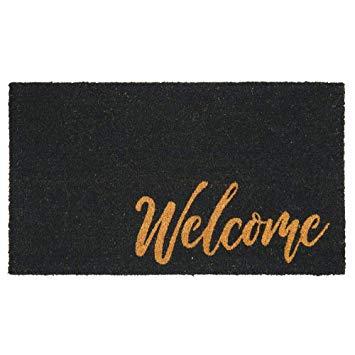 mDesign Rectangular Coir and Rubber Entryway Welcome Doormat with Natural Fibers for Indoor or Outdoor Use - Decorative Script Design - Black/Brown