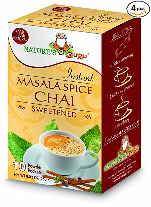 Nature's Guru Instant Masala Spice Chai, Sweetened, 10-Count (Pack of 4), Convenient On-the-Go Instant Hot Chai Mix in Single Serve Packets, All Natural, Just Add Hot Water and Stir