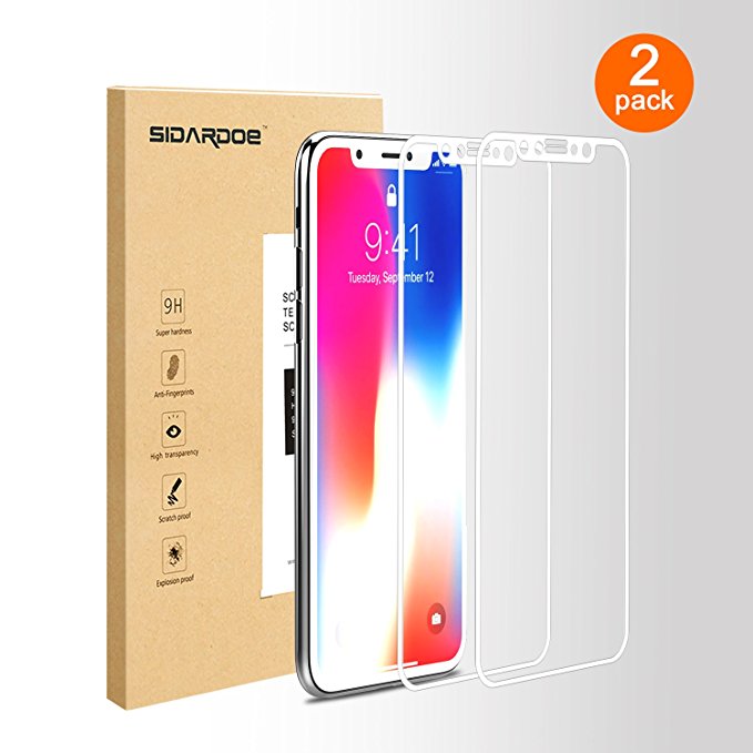 iPhone X Screen Protector [4D FULL COVERAGE FILM], SIDARDOE [2 PACK] [9H HARDNESS] [EASY INSTALLATION] [High RESPONSIVITY] Tempered Glass Screen Protector for Apple iPhone X [WHITE]