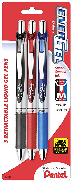 Pentel EnerGel Deluxe RTX Gel Ink Pens, 0.7 Millimeter Metal Tip, Black/Red/Blue Ink, 3 Packs (BL77BP3M)