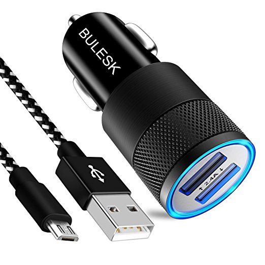 BULESK Car Charger, 24W 4.8A Rapid Dual Port USB Car Adapter with 3FT Micro USB Cable Charging Cord for Samsung Galaxy, Sony, Motorola Nokia,and More - BlackWhite