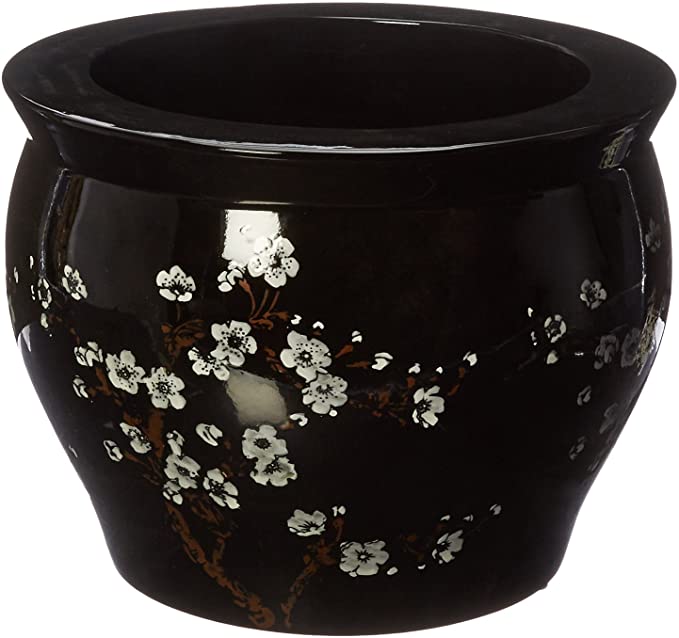 Oriental Furniture Classic Japanese Chinese Asian Ceramic Planter, 14-Inch Plum Blossoms on Black Porcelain Pottery Fishbowl Jardiniere