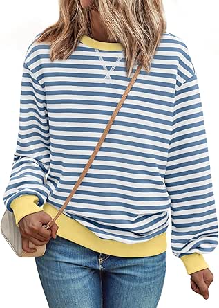 Trendy Queen Sweatshirts for Women 2024 Fall Crewneck Striped Long Sleeve Shirts Preppy Tops Y2K Winter Outfits Clothes