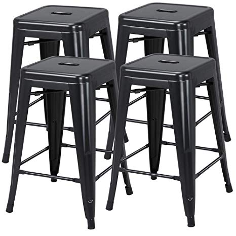 Yaheetech 24'' Metal Bar stools Set of 4 Counter Height Kitchen Barstools Modern Industrial Backless Stackable Metal Chairs with Square Seat Indoor/Outdoor Black