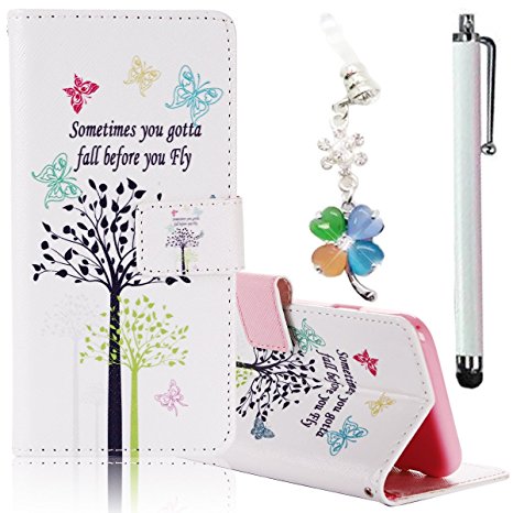 Samsung Galaxy J7 (2015) Case, Boince 3 in 1 Accessory Magnetic Snap PU Leather Wallet Case   [Diamond Antidust Plug]   [Metal Stylus Pen] Anti Scratch Shockproof Protective Bumper-Butterfly and Tree