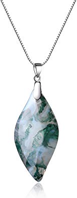 COAI 925 Sterling Silver Moss Agate Leaf Pendant Necklace