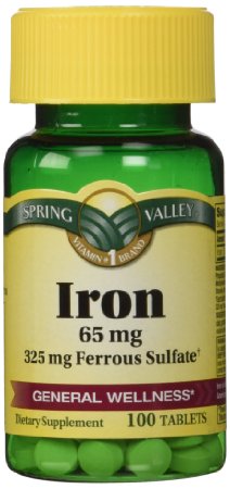 Spring Valley - Iron 65 mg, 200 Tablets - Equivalent to 325 mg Ferrous Sulfate, Twin Pack