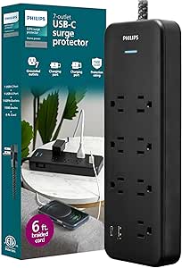 Philips 7-Outlet Surge Protector Power Strip with USB, 1 USB-A, 1 USB-C, 6 Ft Braided Extension Cord, Mutli Plug Outlet Extender, Adapter-Spaced, Charging Station, 15W, 1500 Joules, Black, SPP3703B/37