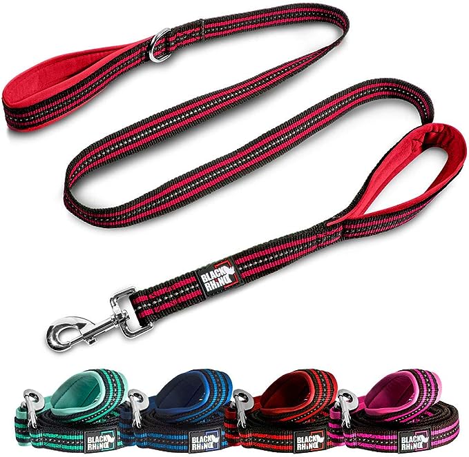 Black Rhino Dog Leash - Heavy Duty - Medium & Large Dogs | 5ft Long Leashes | Two Traffic Padded Comfort Handles for Safety Control Training - Double Handle Reflective Lead - (5 Ft, Red/Bl)