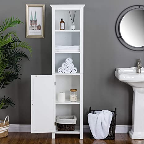 Glitzhome 68" H Wooden Free Standing Bathroom Tower, Storage Cabinet with Adjustable Shelves with Door Space Saving Floor Organizer Rack Home Storage Furniture, White
