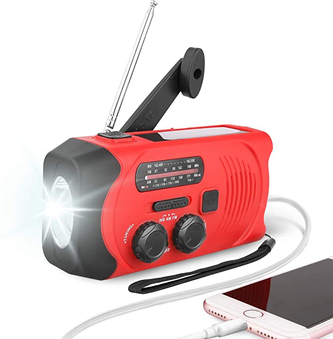 Emergency Radio, LP Hand Crank Self Powered WB/AM/FM NOAA Solar Charging Radio with LED Flashlight and SOS Alarm, 2000mAh Power Bank for Smart Phone with USB Cable