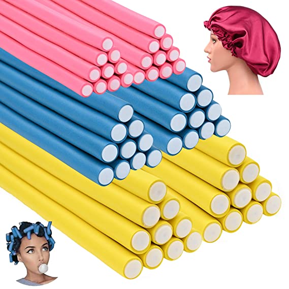 60 Pack 9.4 Inch Flex-rods Hair Rollers Silk Sleep Bonnet Cap,Twist-flex Foam Hair Roller Curling Rods-Hair Curlers Rollers Hair Curlers Rollers for Short, Medium and Long Thick Hair