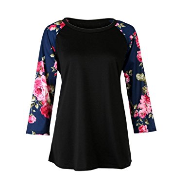 Women Blouse,Bokeley Casual Crew Neck 3/4 Sleeve Floral Print Plus Size Shirts Tops