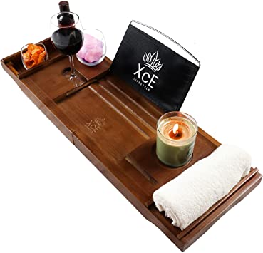 XcE Bathtub Caddy Tray (Brown) - Bamboo Wood Bath Tray and Bath Caddy for a Home Spa Experience