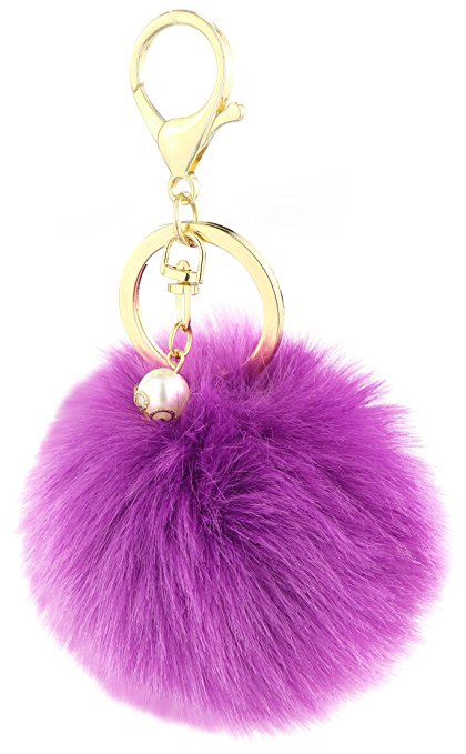 Key Chain Ring for Women - Faux Fur Ball Charm and Artificial Pearl with Key Ring (Dark Purple)