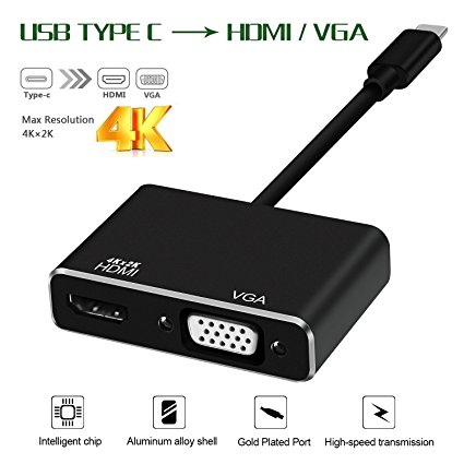 USB C To HDMI 4K VGA Adapter, LC-dolida USB 3.1 Type C to VGA HDMI Video Converters Adaptor for New Macbook/ Chromebook Pixel/Yoga 900/USB-C devices To HDTV / Projector, No Driver