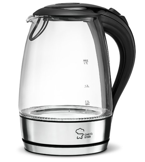 Chef's Star Borosilicate Glass Electric Kettle, 1.7 Liter (Black & Stainless Steel) Electric Tea Kettle