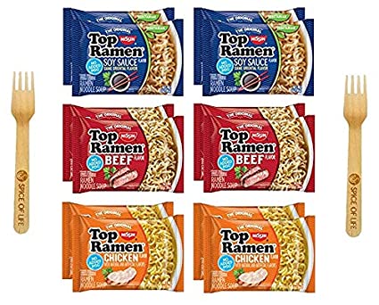Nissin Top Ramen Noodle Variety, Chicken, Beef and Soy - 12 Pack with Spice of Life Sporks