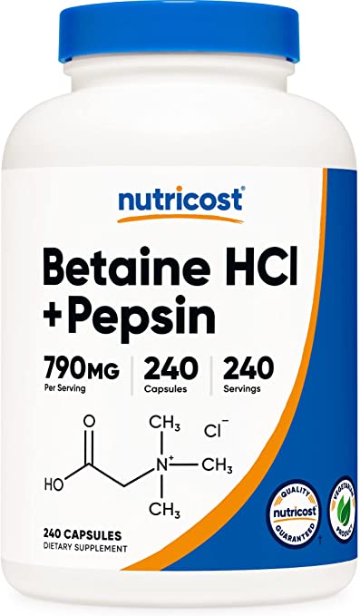 Nutricost Betaine HCl   Pepsin 790mg, 240 Capsules - Gluten Free & Non-GMO